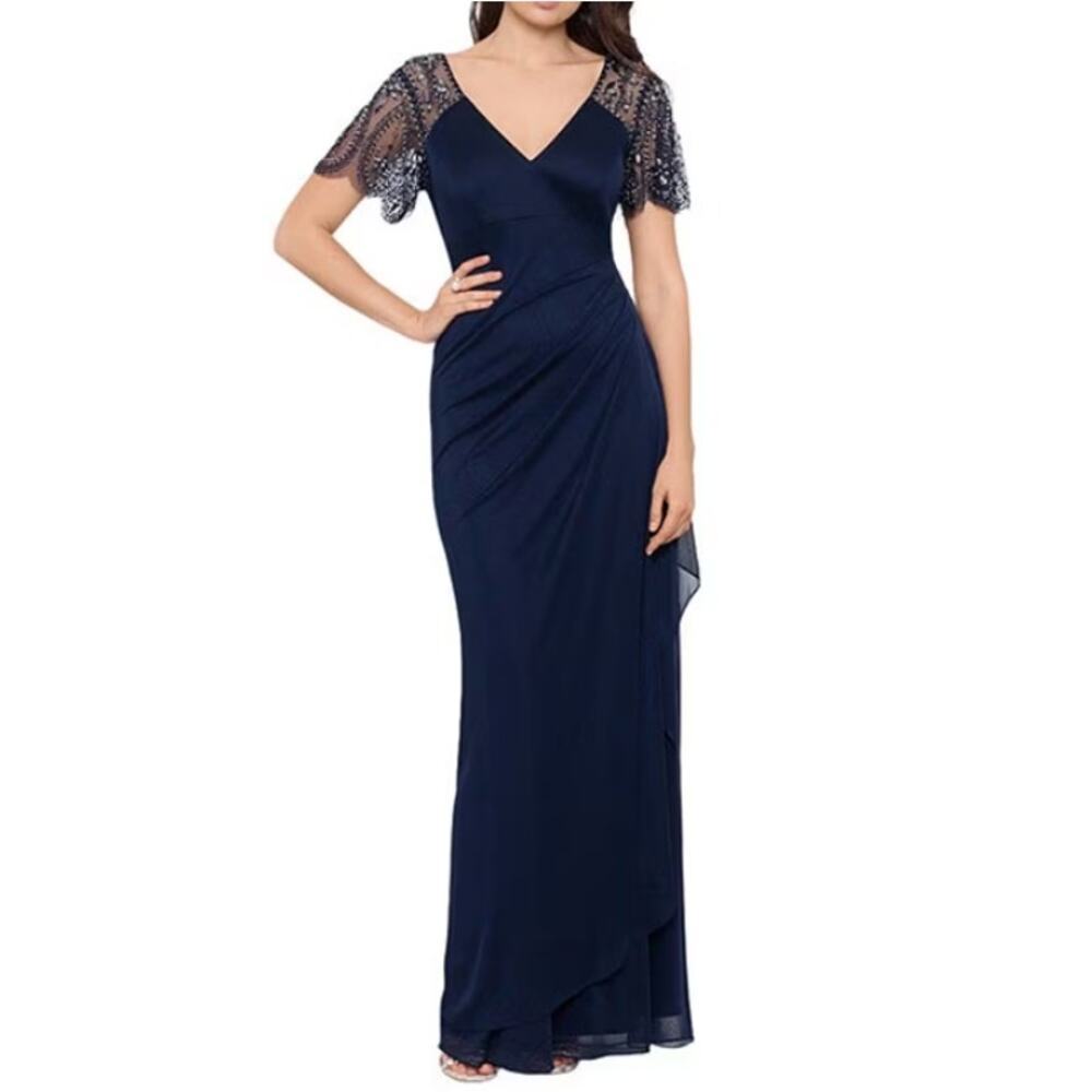 Xscape Women's Navy Sheer Flutter Sleeve V-Neck Beaded Slim Gown Size 10 - Picture 1 of 10